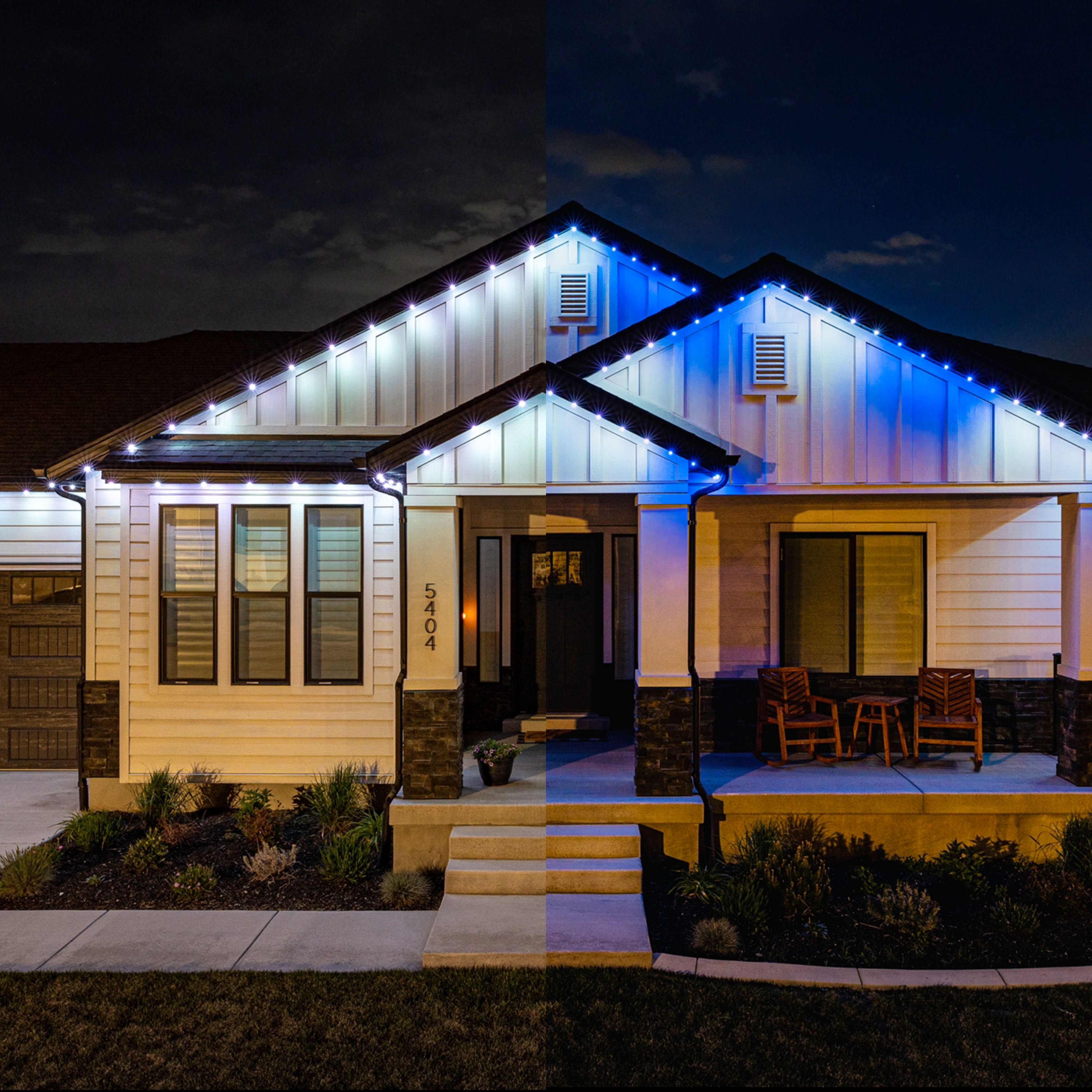 Neighborhood home with permanent roofline lights